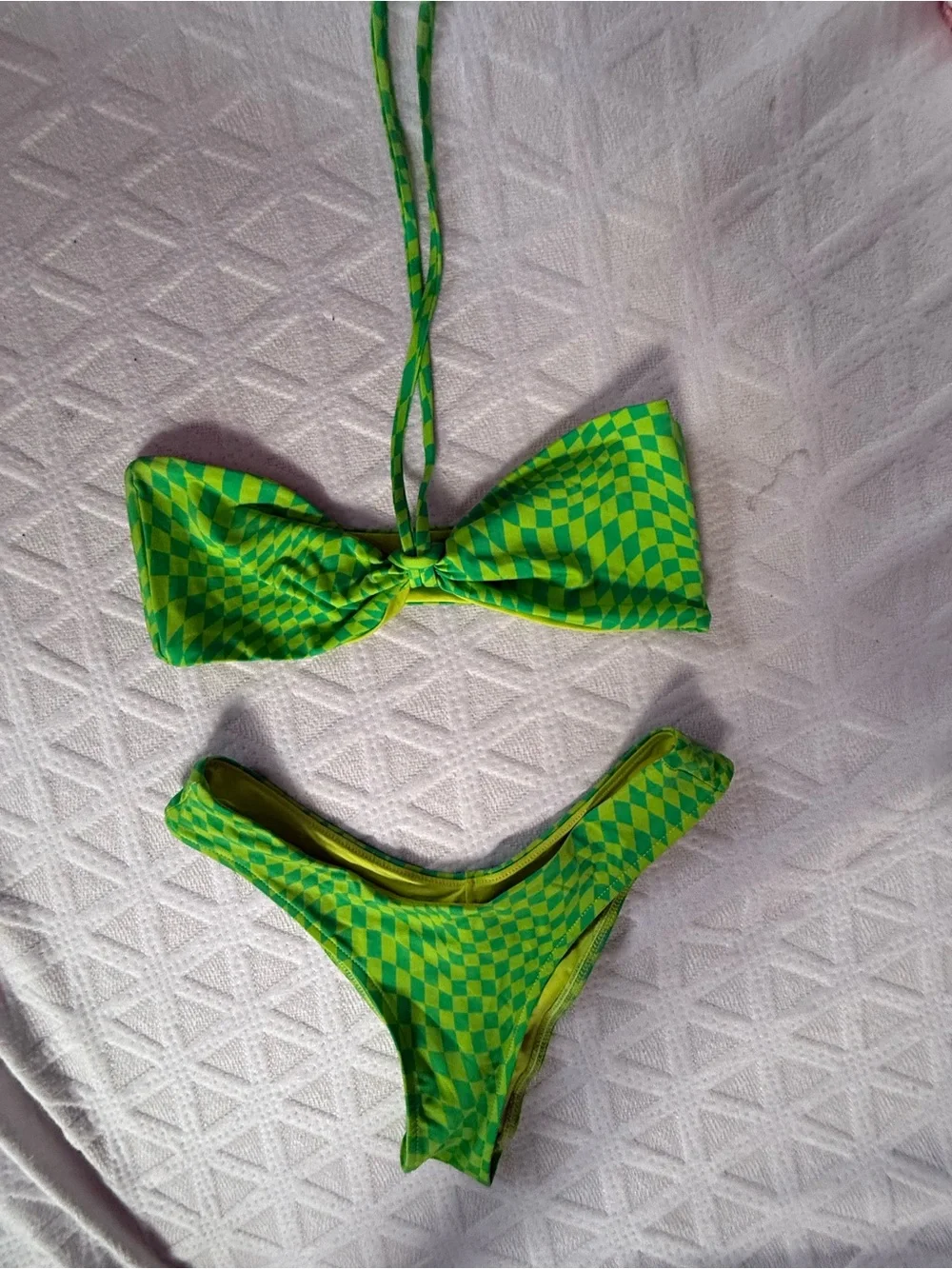 Frankie's Bikinis Neon Green Check Bandeau Bikini